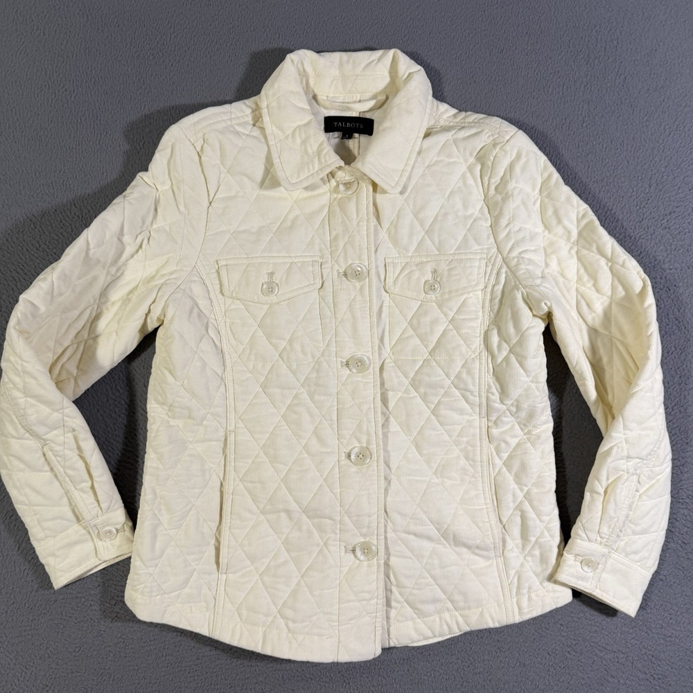 Talbots Cream Corduroy‎ Quilted Jacket Petite Size Sm Buttons Off White Pockets